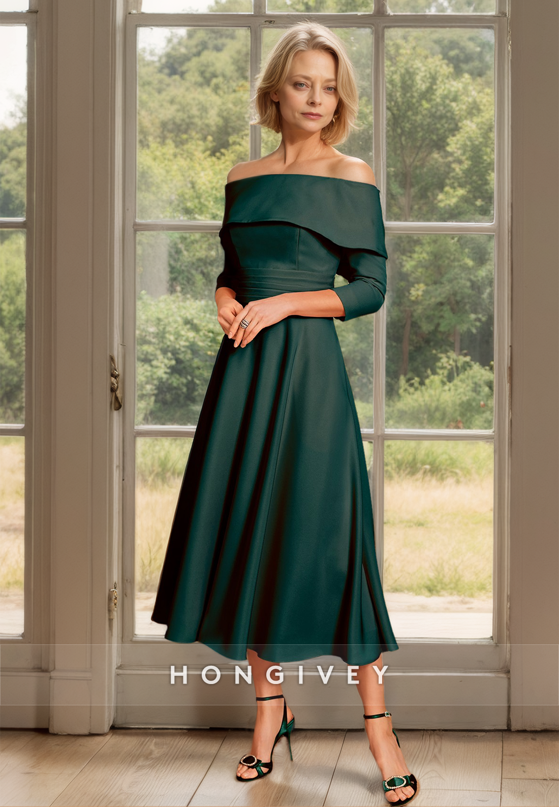 HONGIVEY Elegant Sleeves Long Chiffon Mother of the Bride/Groom Dress with Bow