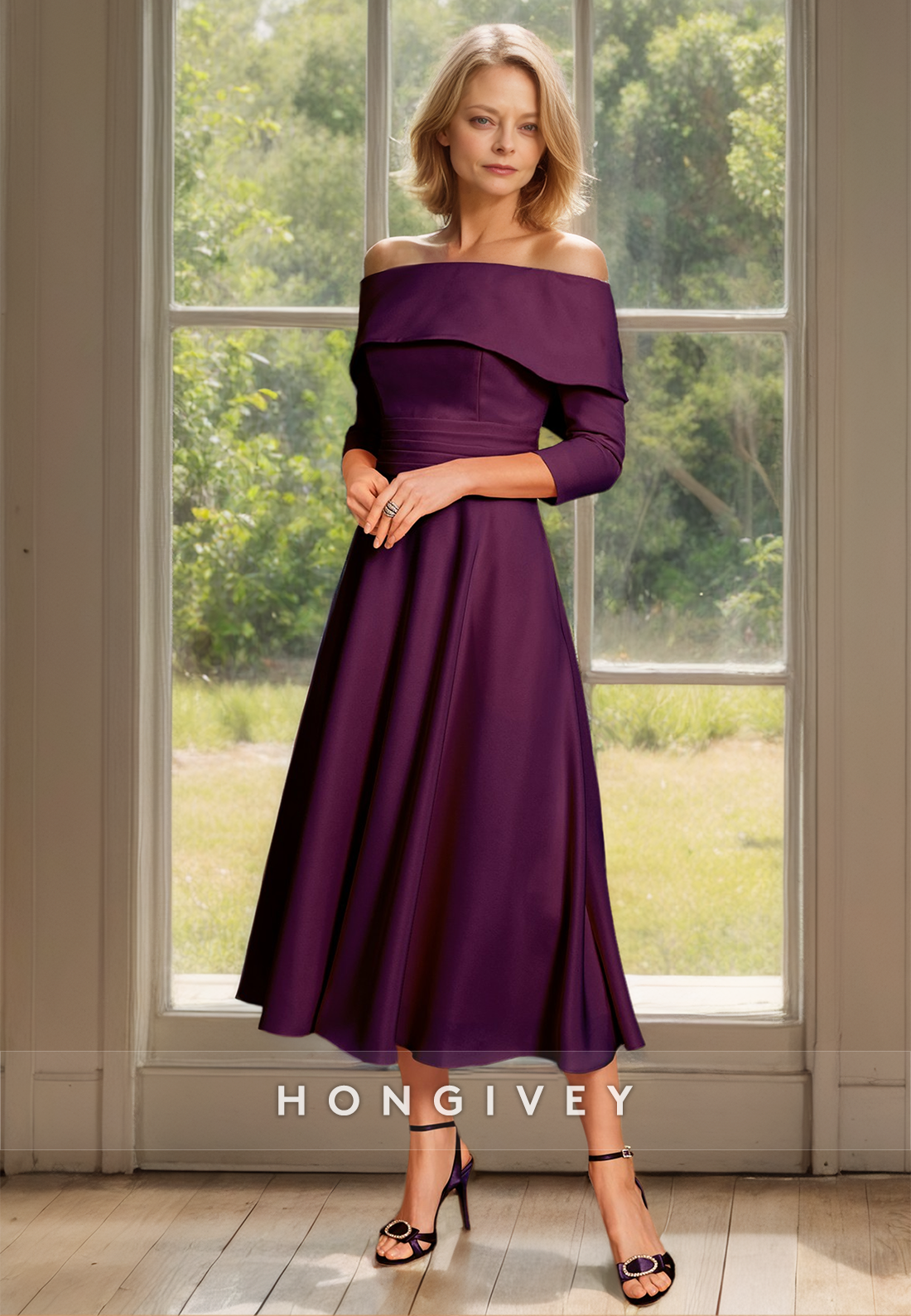 HONGIVEY Elegant Sleeves Long Chiffon Mother of the Bride/Groom Dress with Bow