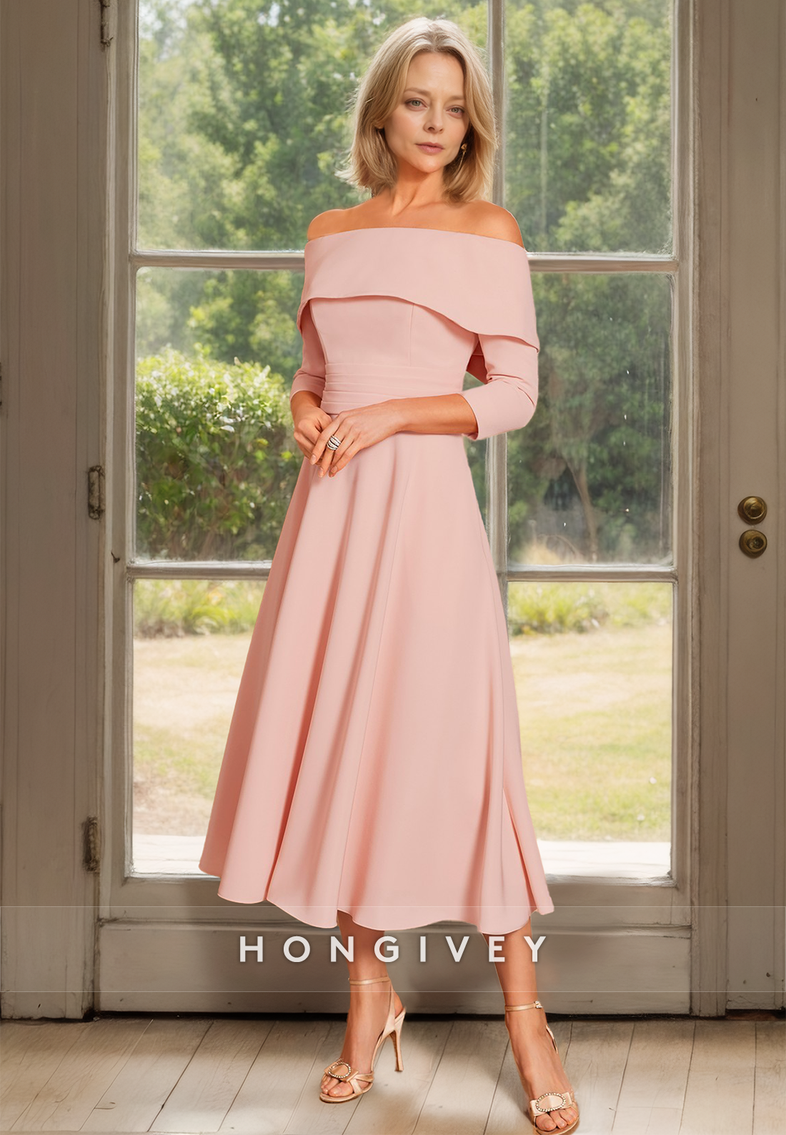 HONGIVEY Elegant Sleeves Long Chiffon Mother of the Bride/Groom Dress with Bow