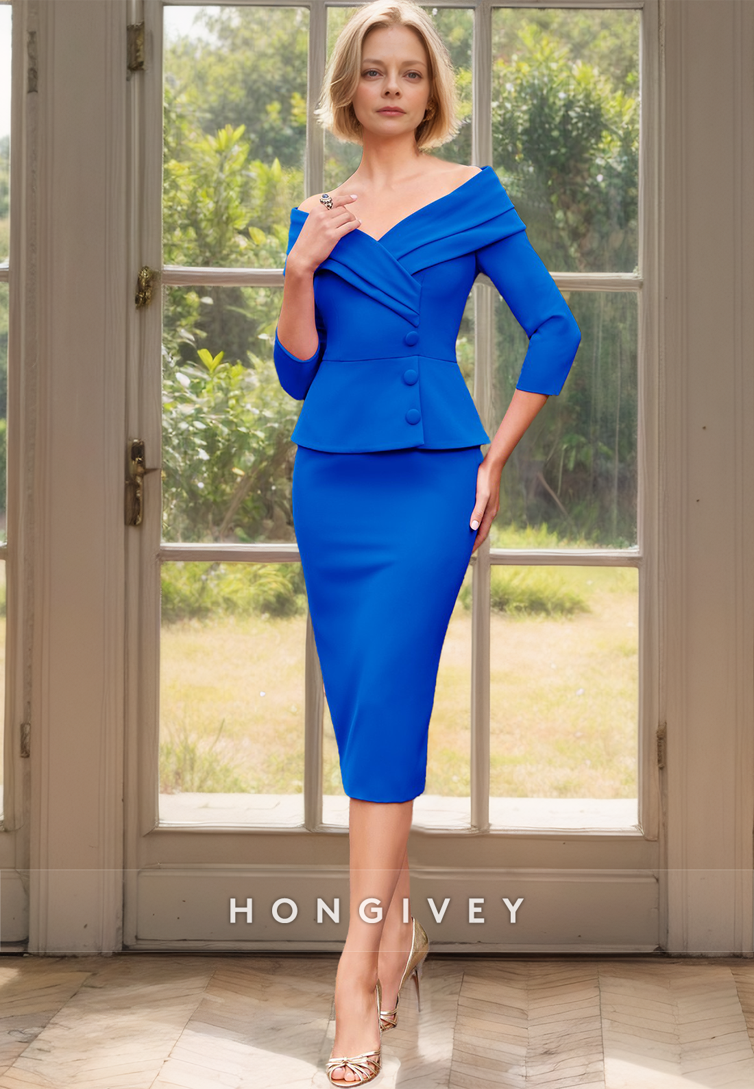 HONGIVEY Classic Long Sleeves Two Piece Mother of the Bride/Groom Dress