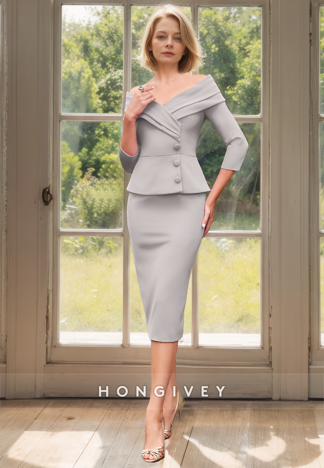 HONGIVEY Classic Long Sleeves Two Piece Mother of the Bride/Groom Dress