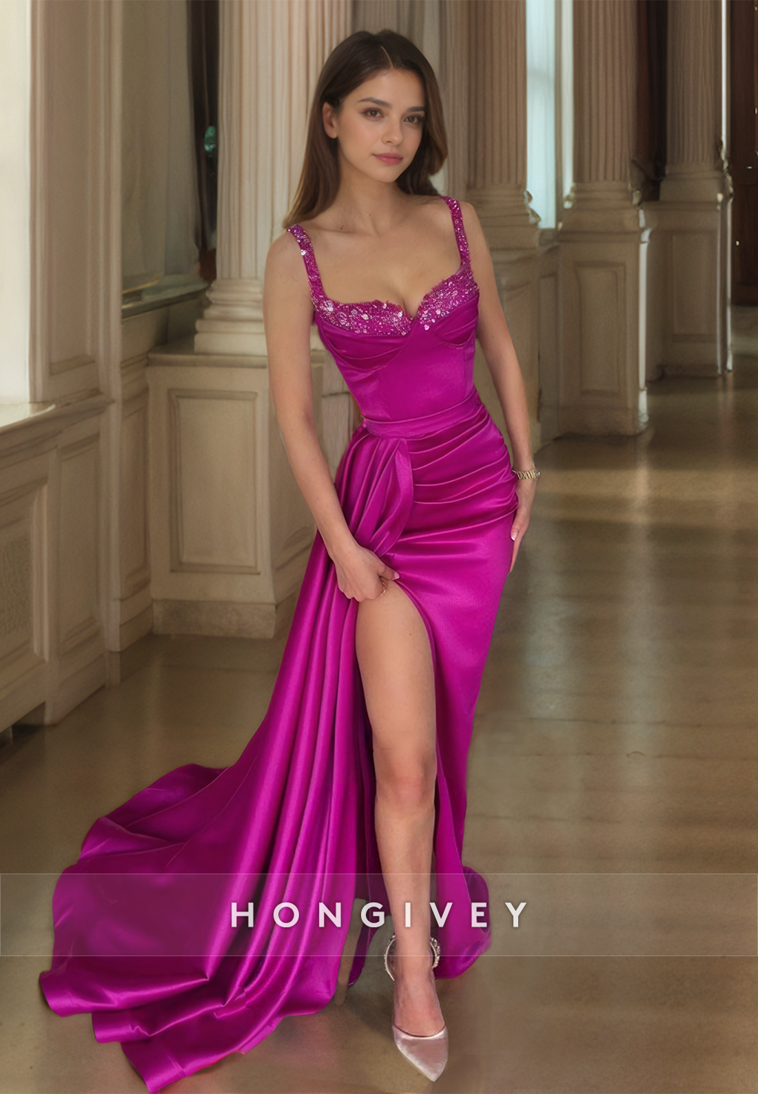 HONGIVEY Classic Straps Trumpet Formal Evening Dress Satin Slit Prom Gown