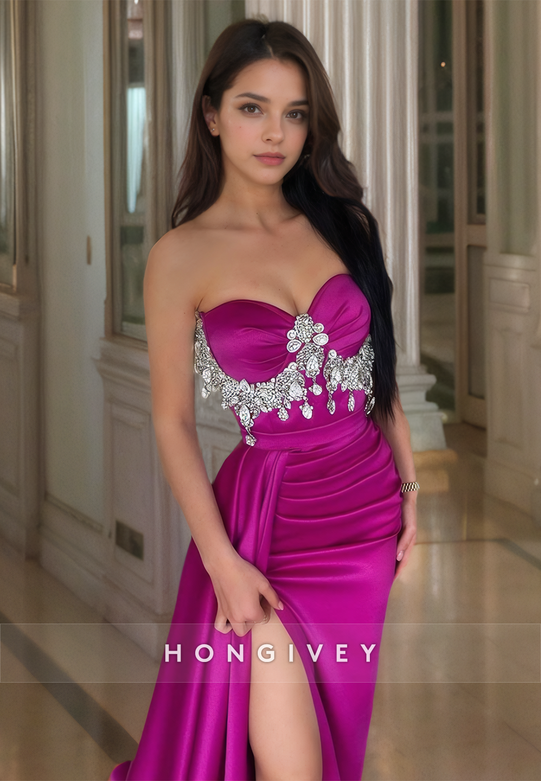 HONGIVEY Classy Sweetheart Strapless Formal Evening Dress Beaded Fuchsia Prom Gown