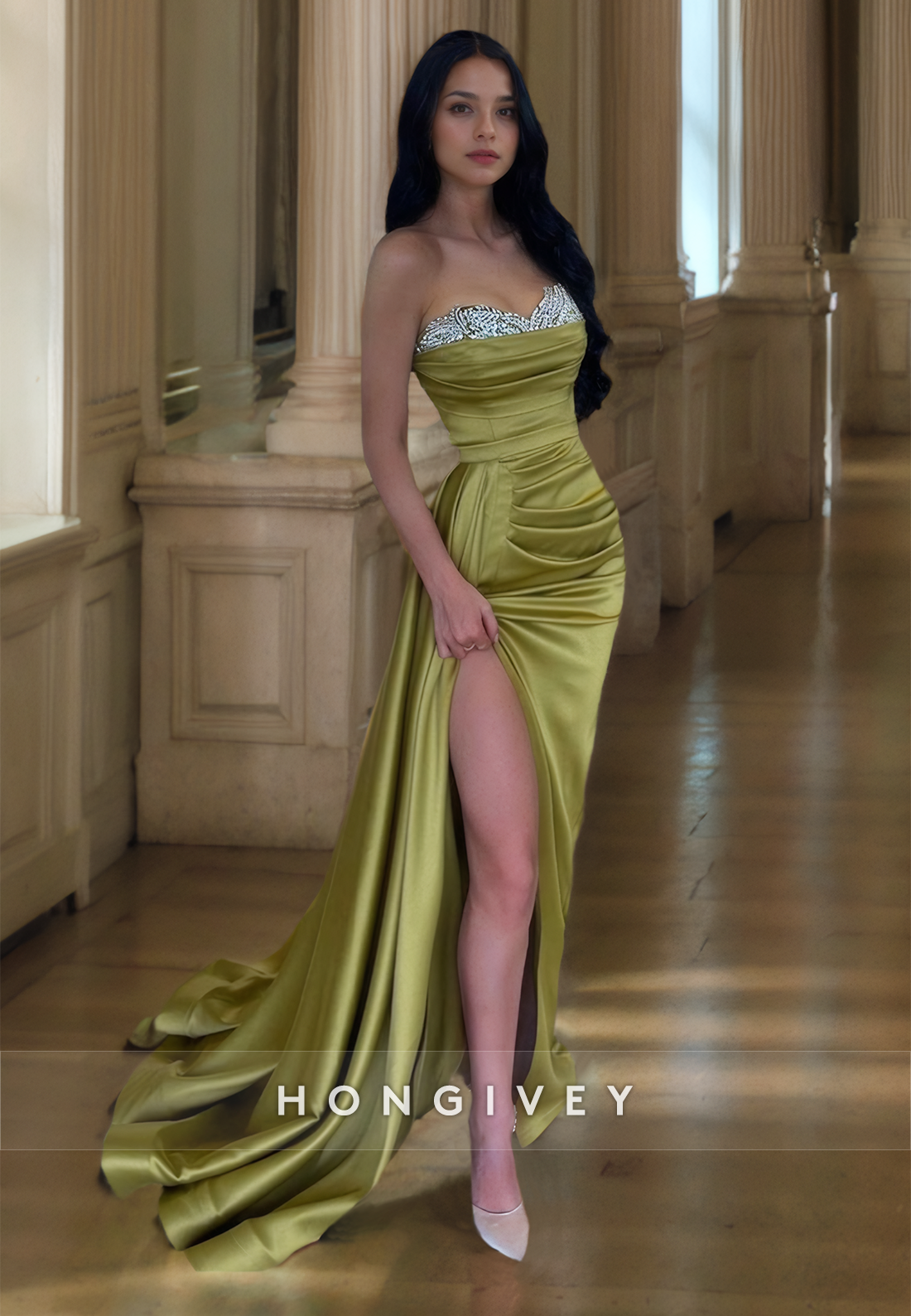 HONGIVEY Classic Sweetheart Strapless Slit Trumpet Formal Evening Dress