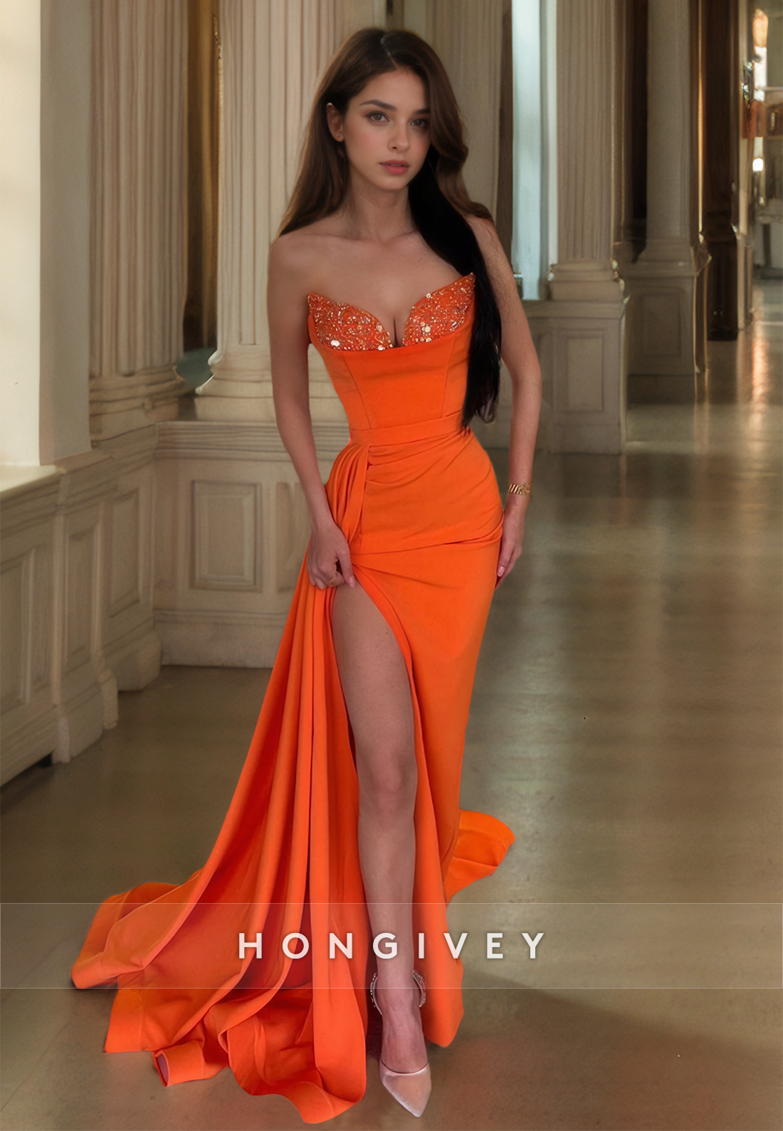 HONGIVEY New Sweetheart Sleeveless Satin Formal Evening Dress with Side Slit