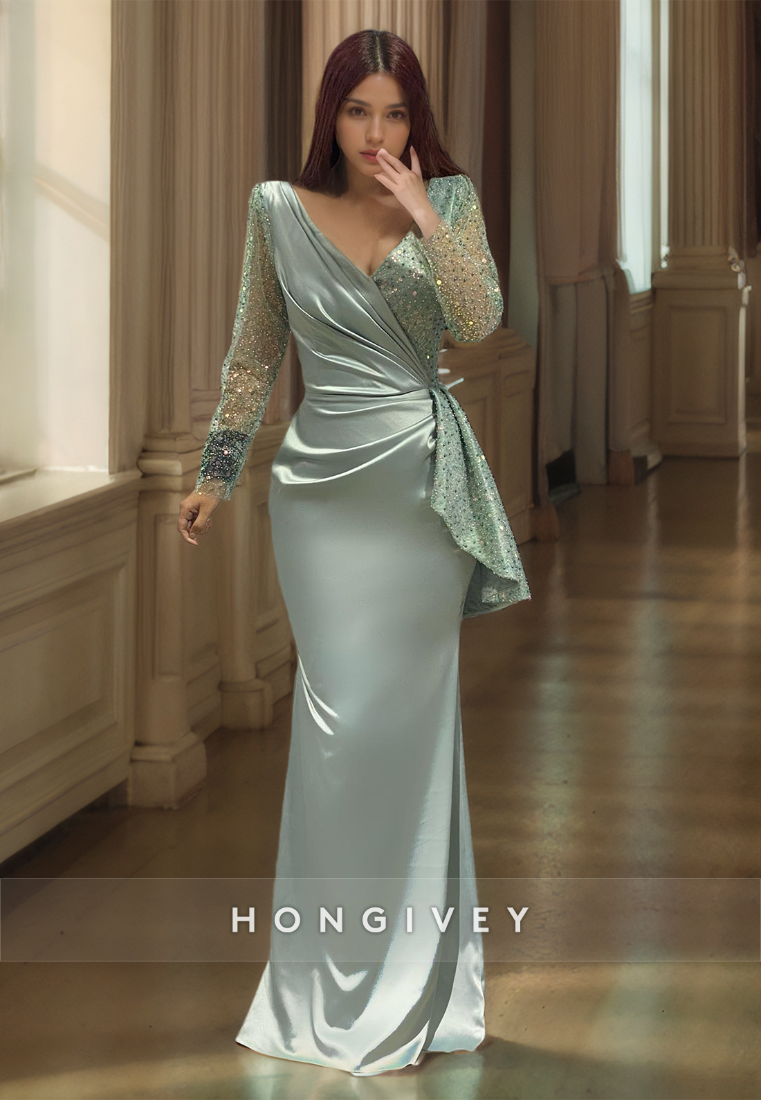 HONGIVEY Sheath V-Neck Long Sleeves Floor Lenghth Formal Evening Dress