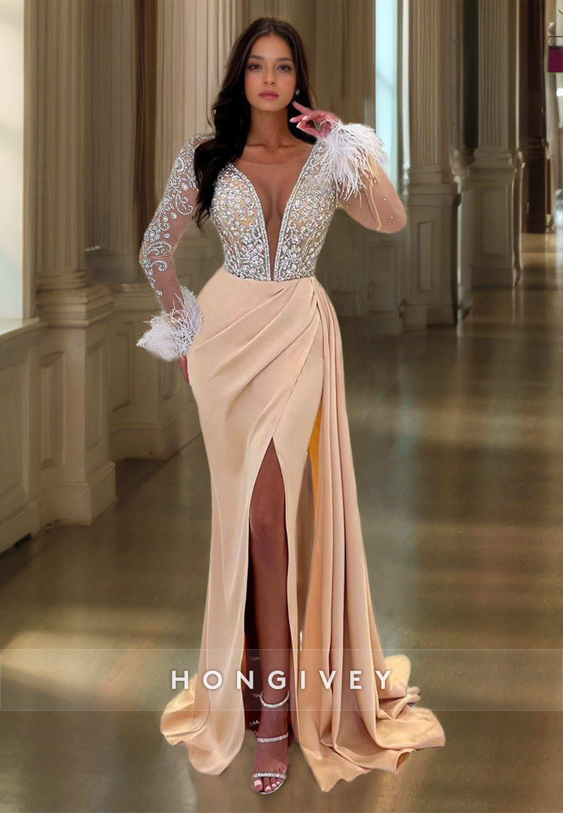 HONGIVEY Glitter Feathers Long Sleeves Formal Evening Dress Luxurious V-Neck Prom Gown