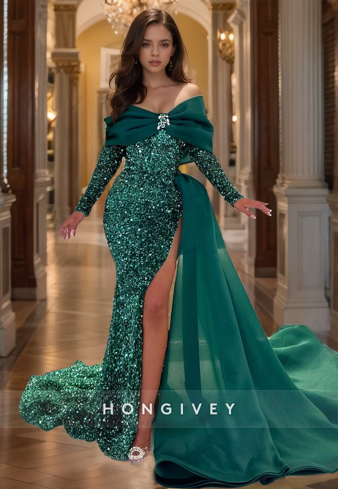 HONGIVEY New Glitter Long Sleeves Formal Evening Dress Elegant Mermaid Pine Party Prom Gown