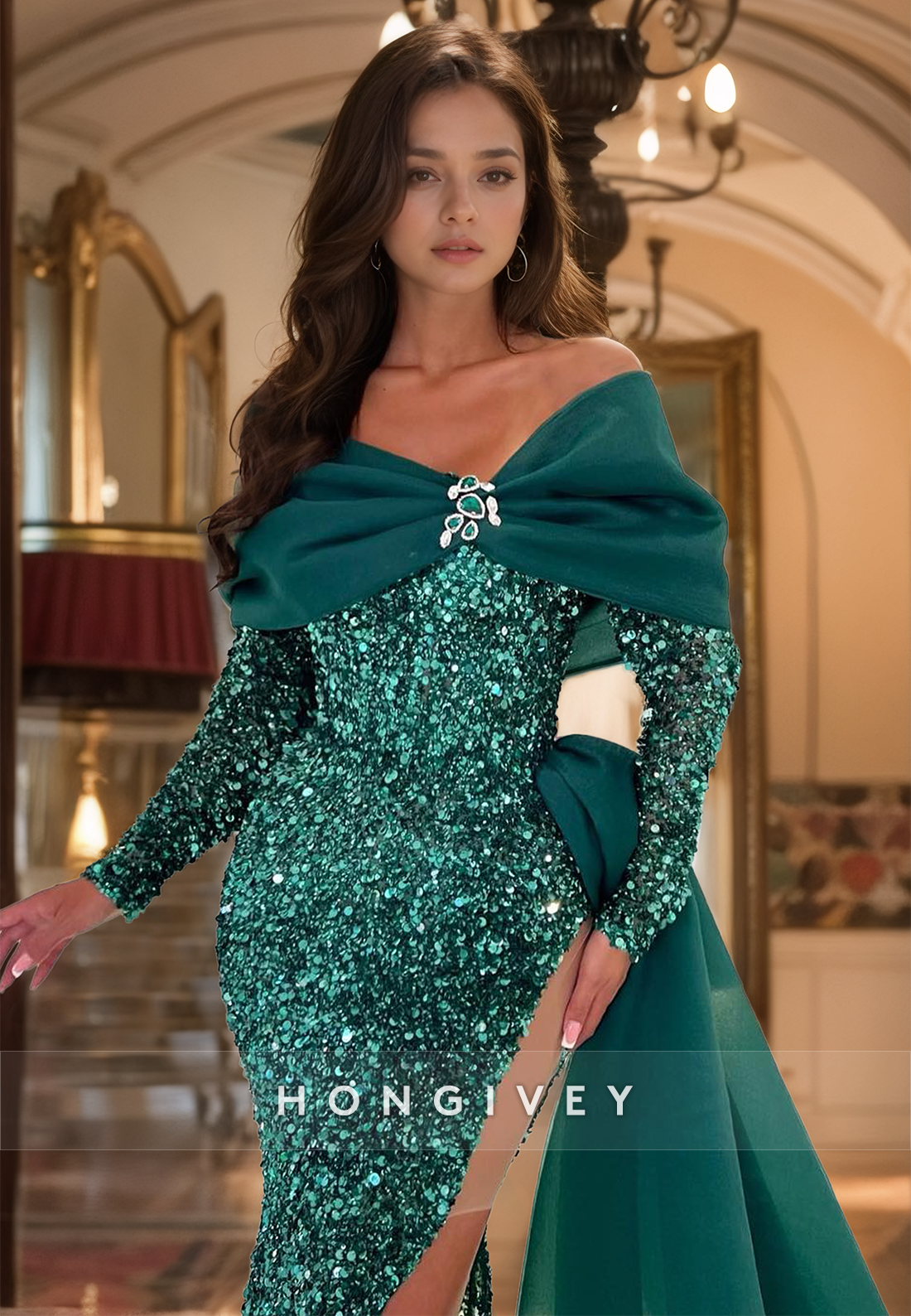 HONGIVEY New Glitter Long Sleeves Formal Evening Dress Elegant Mermaid Pine Party Prom Gown