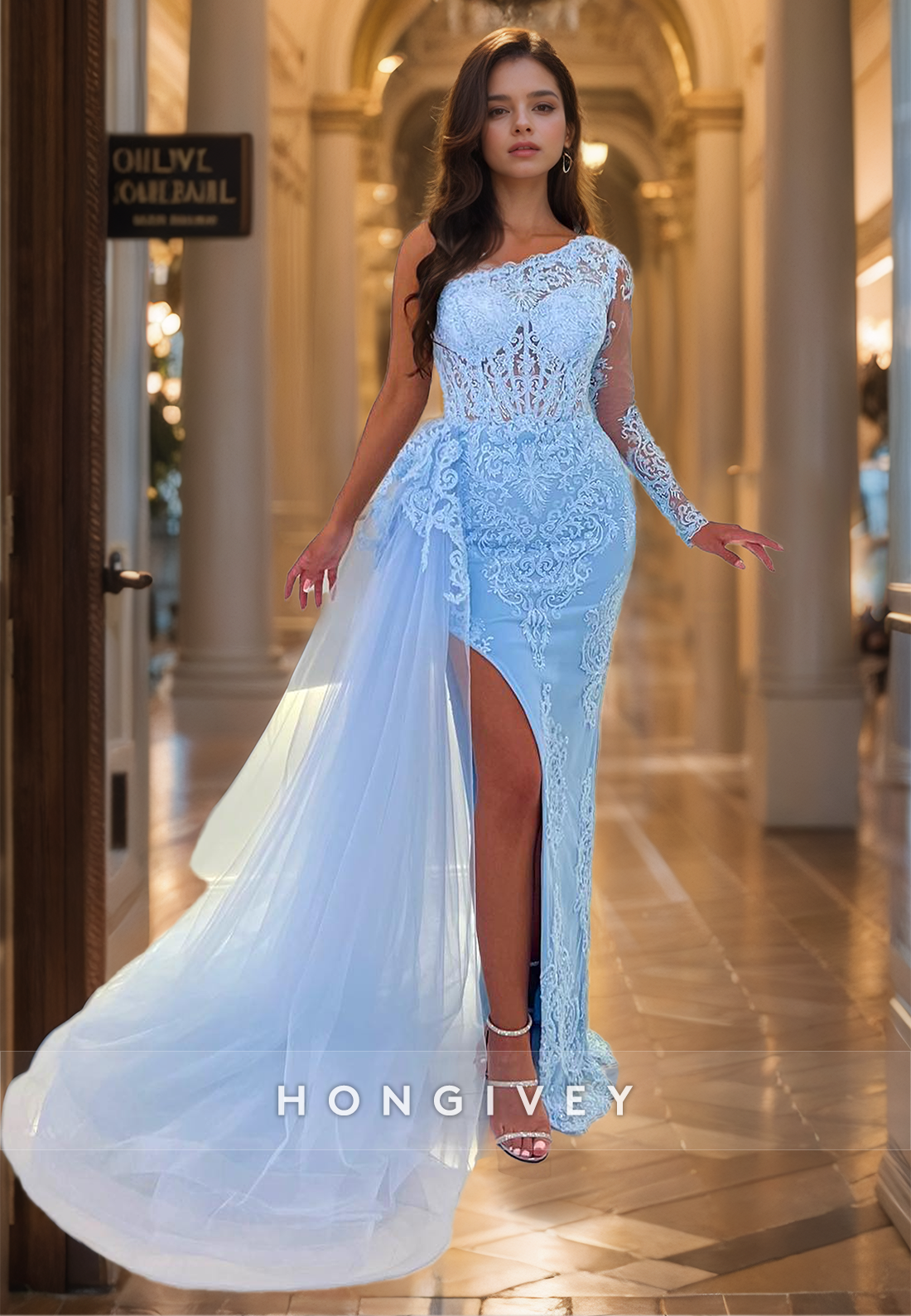 HONGIVEY Gorgeous Lace Applique Formal Evening Dress One Shoulder with Train Prom Gown