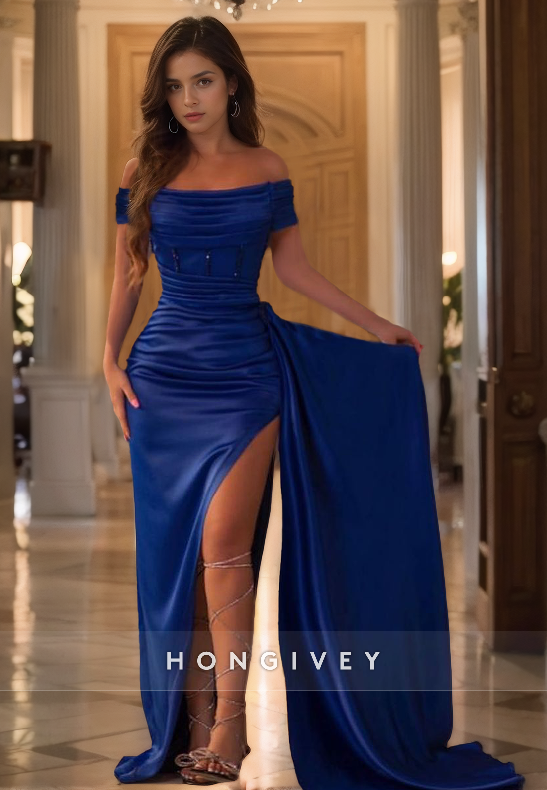 HONGIVEY Elegant Royal Blue Off-Shoulder Formal Evening Dress with Train Floor Length