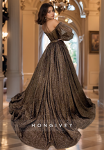 HONGIVEY Elegant Prom Gown Glitter Long Sleeves A-Line Sweetheart Evening Dress New