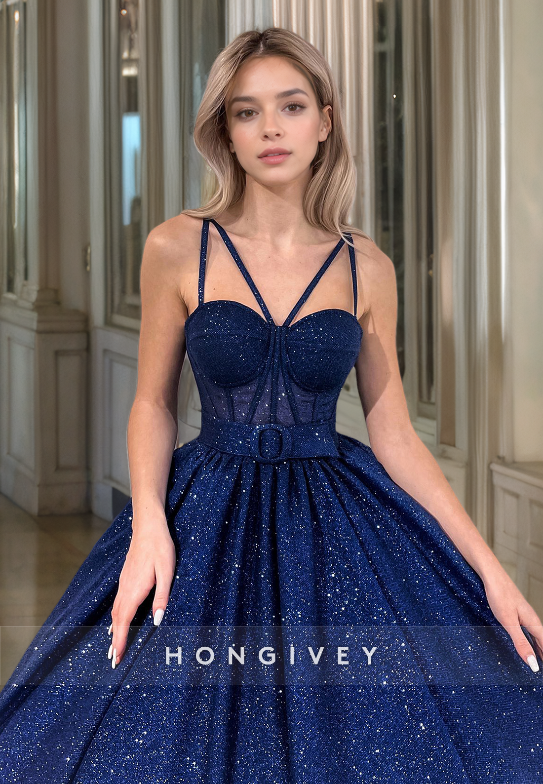 HONGIVEY Glitter Organza Belt A-Line Prom Dress for Girls