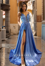 HONGIVEY Glitter Straps Evening Dress Sequins High Slit Prom Gown