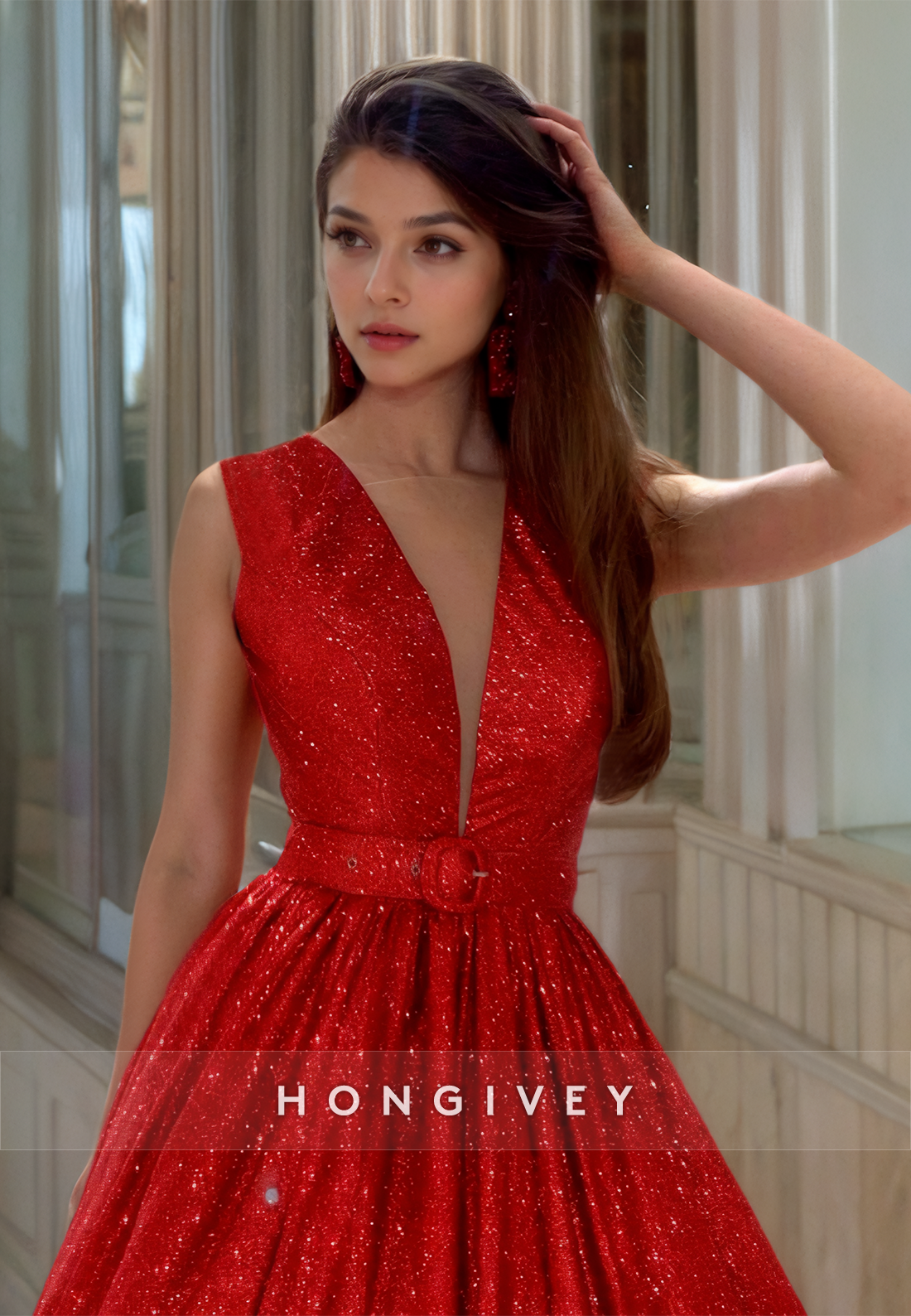 HONGIVEY Girls Sexy V-Neck Backless Prom dresses Glitter A-Line Party Wear