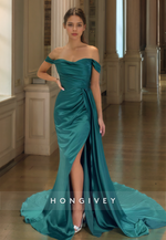 HONGIVEY Classic Off-Shoulder Ruched Formal Evening Dress Slit Satin Prom Gown