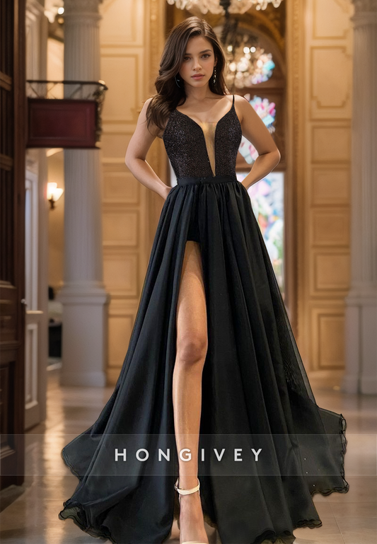 HONGIVEY Glitter Sexy Backless Organza Prom dresses Black V-Neck Evening Dress