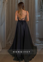 HONGIVEY Glitter Sexy Backless Organza Prom dresses Black V-Neck Evening Dress