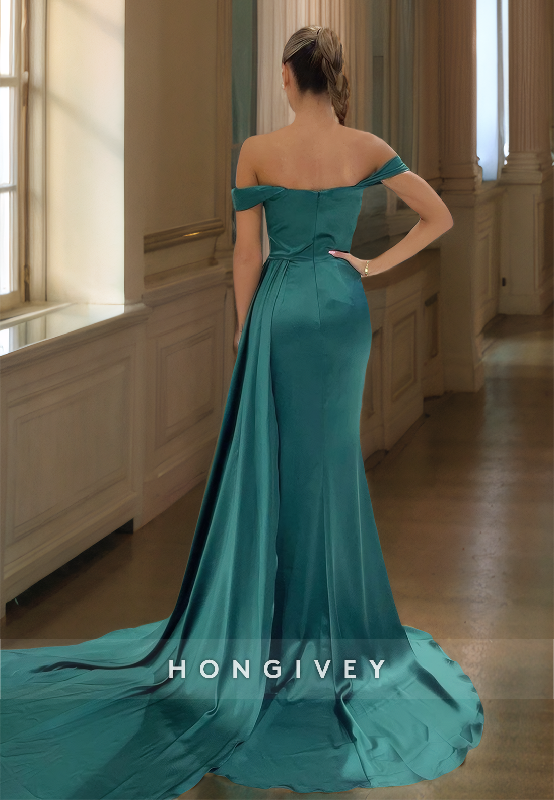 HONGIVEY Classic Off-Shoulder Ruched Formal Evening Dress Slit Satin Prom Gown