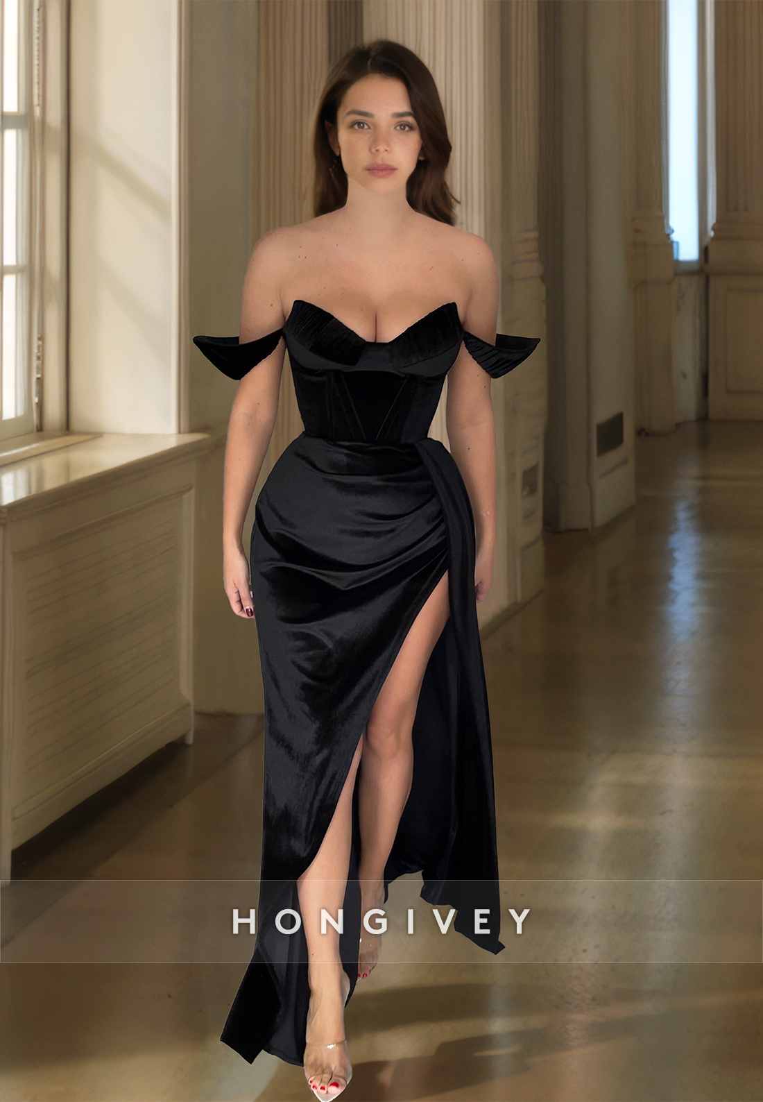 HONGIVEY Solid Off-Shoulder Sheath Satin Evening Dress Party Gown