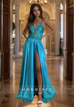 HONGIVEY Glitter Straps Evening Dress Sequins High Slit Prom Gown