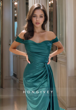 HONGIVEY Classic Off-Shoulder Ruched Formal Evening Dress Slit Satin Prom Gown