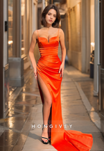 HONGIVEY Straps Sweetheart Evening Dress Simple Orange Long Sleeveless Prom Gown