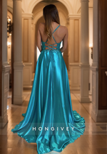 HONGIVEY Glitter Straps Evening Dress Sequins High Slit Prom Gown