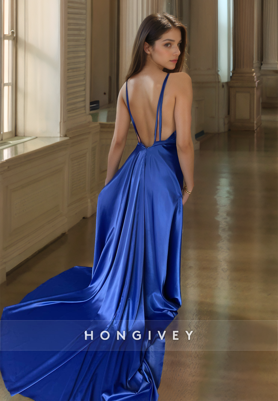 HONGIVEY Sexy V-Neck Backless Evening Dress High Slit Floor Lenghth Prom Gown