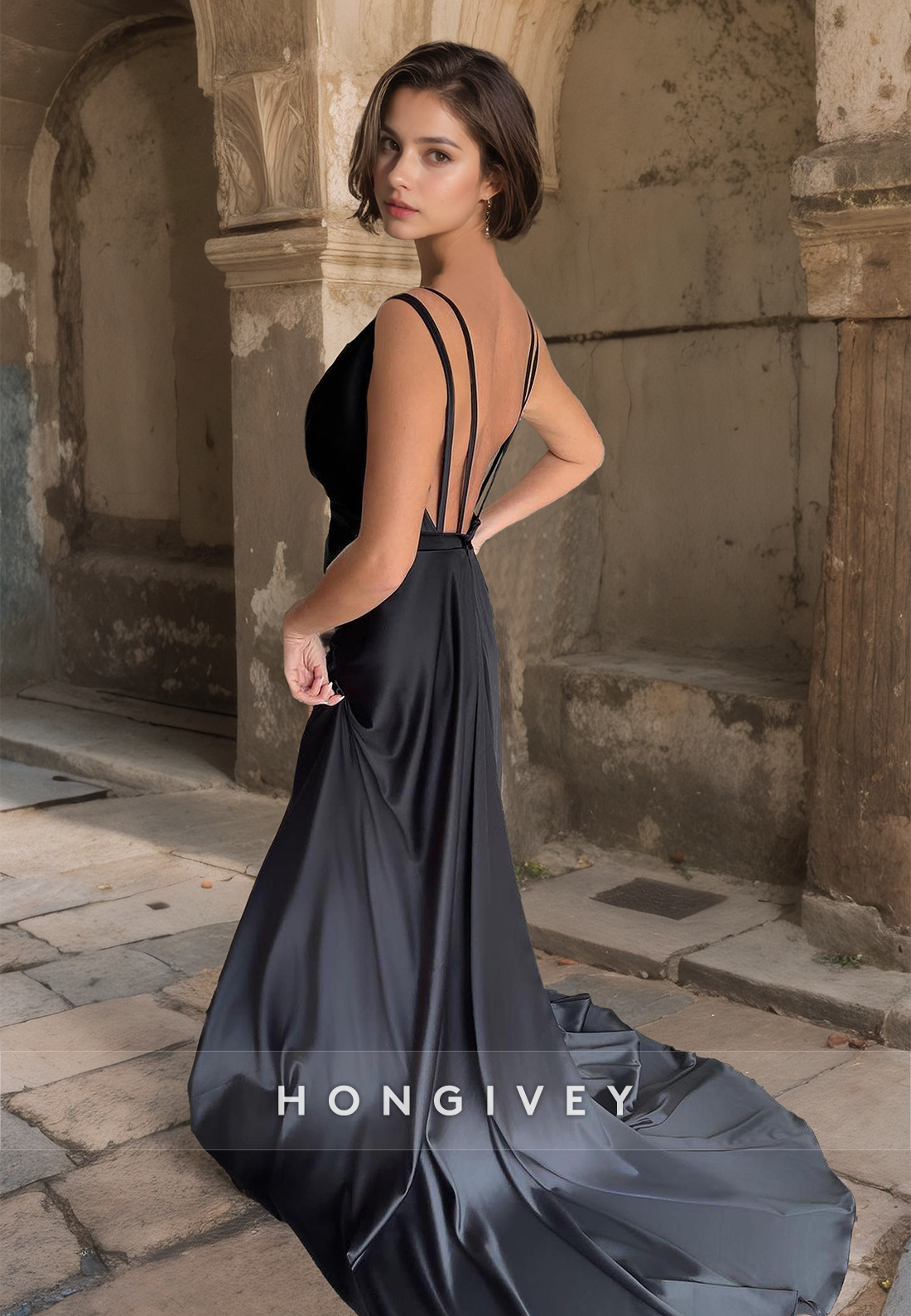 HONGIVEY Sexy V-Neck Backless Evening Dress High Slit Floor Length Prom Gown