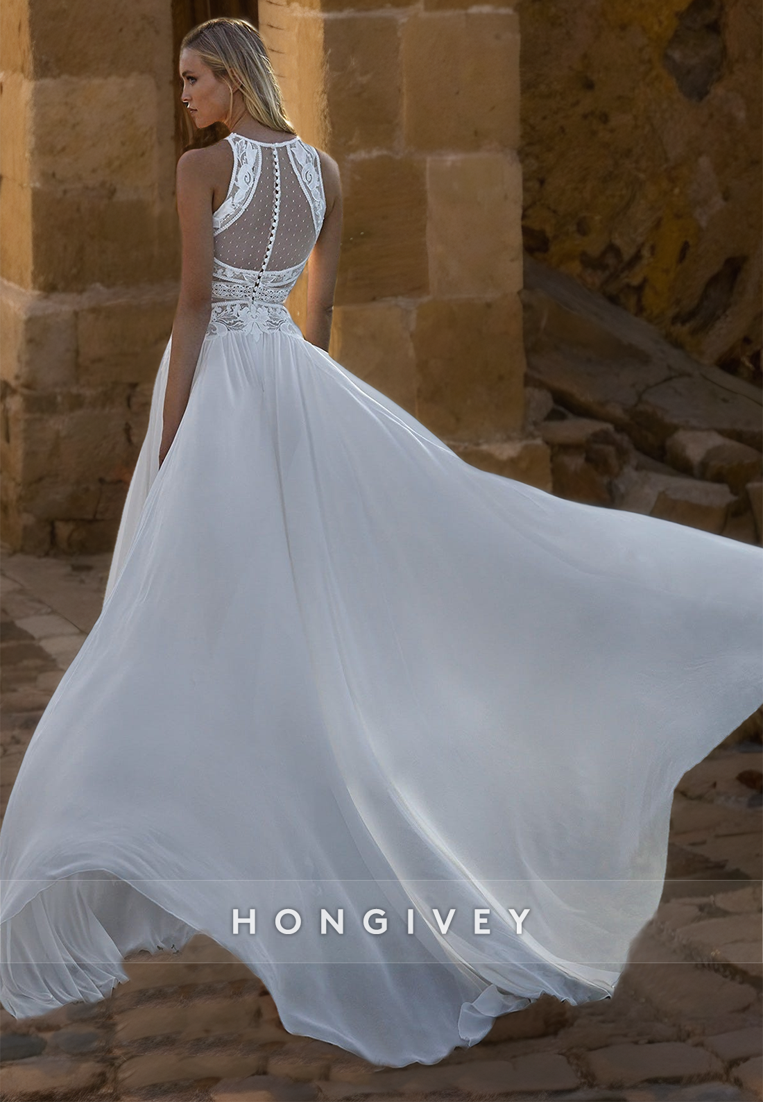 HONGIVEY New High Neck Lace Wedding Dresses sexy Sleeveless Beach Bridal Dress