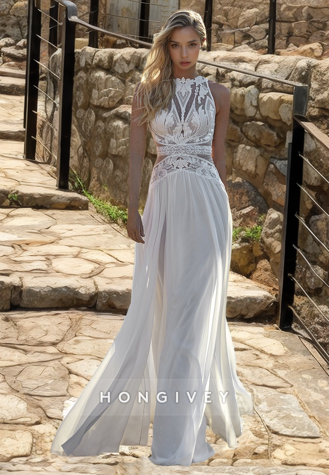 HONGIVEY New High Neck Lace Wedding Dresses sexy Sleeveless Beach Brid HONGIVEY New High Neck Lace Wedding Dresses sexy Sleeveless Beach Brid