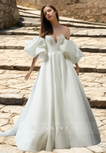 HONGIVEY Backless Satin Wedding Dresses Off-Shoulder Sweetheart A-Line HONGIVEY Backless Satin Wedding Dresses Off-Shoulder Sweetheart A-Line