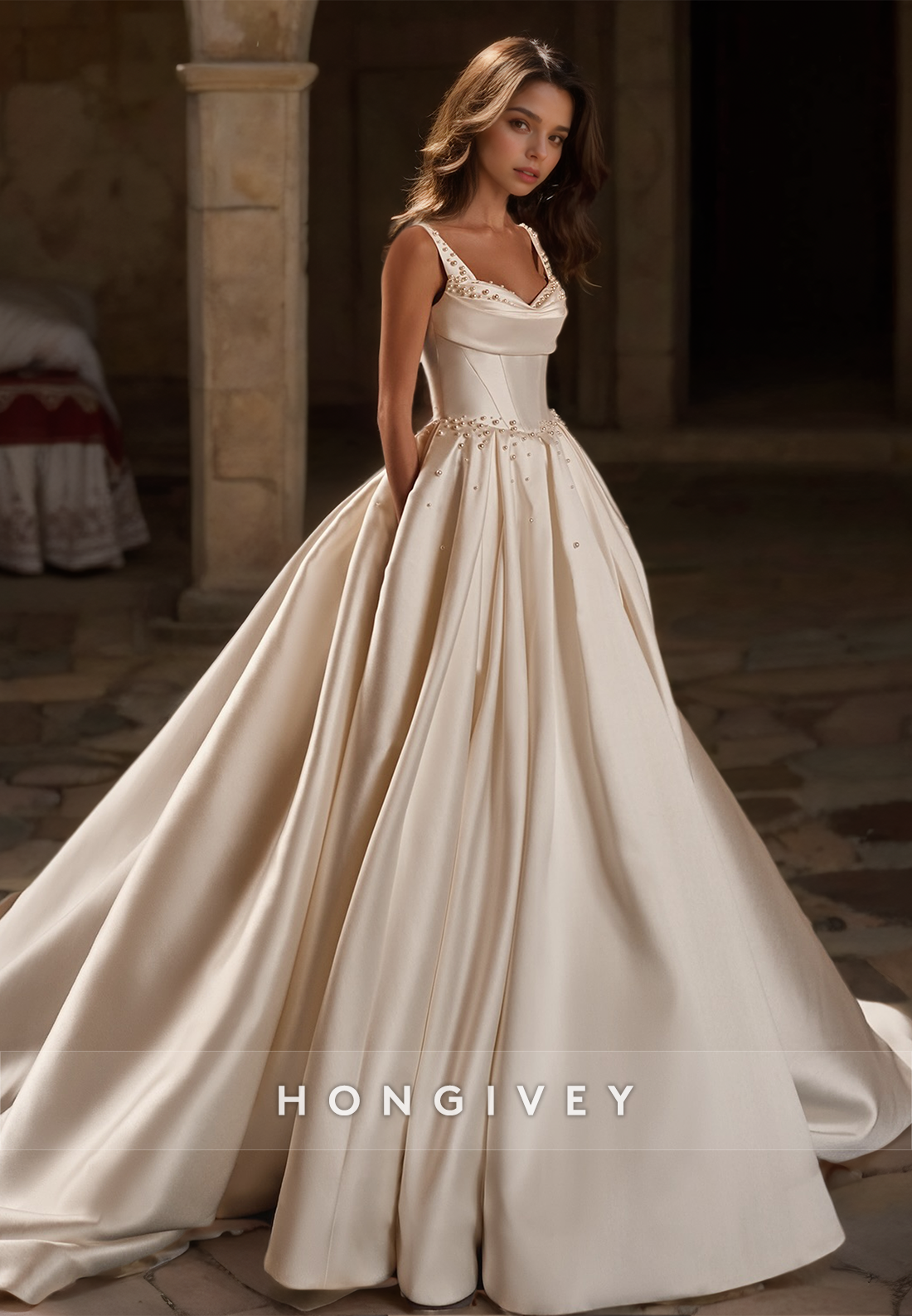 HONGIVEY New Satin Wedding Dresses with Train Straps A-Line Beaded Wed HONGIVEY New Satin Wedding Dresses with Train Straps A-Line Beaded Wed