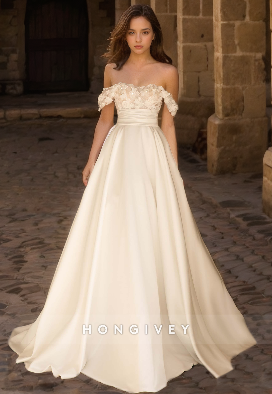 HONGIVEY Elegant Wedding Dresses Off-Shoulder Lace Backless Bride Dres HONGIVEY Elegant Wedding Dresses Off-Shoulder Lace Backless Bride Dres