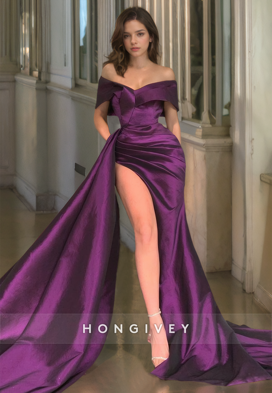 HONGIVEY New Off-Shoulder Formal Evening Dress High Slit Satin Prom Gown for Women