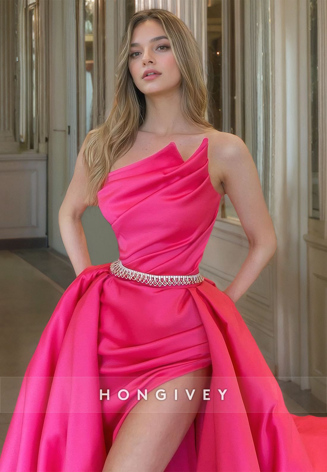 HONGIVEY One Shoulder Prom Dress for Women Belt Slit 2024 Formal Evening Dress