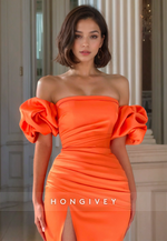 HONGIVEY Classic Strapless Formal Evening Dress Orange Slit Party Prom Gown