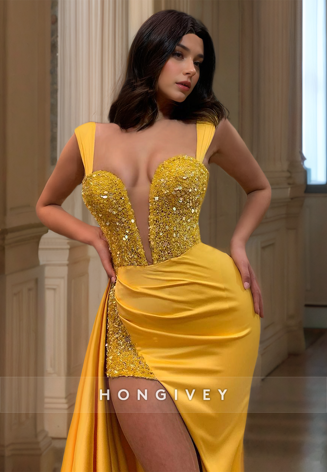 HONGIVEY Sparkle Gold Evening Dress Stunning Straps Slit Formal Gown for Women New