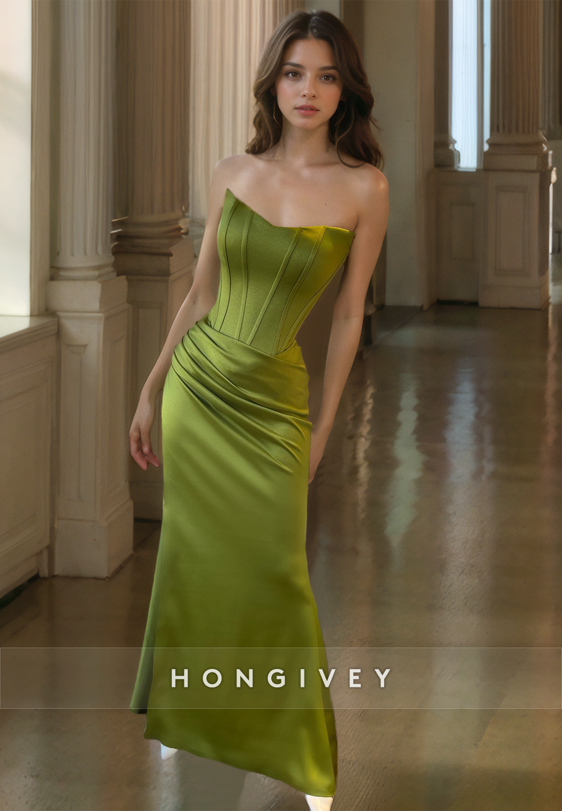 HONGIVEY Ruched Evening Dress Simple Green Strapless Sheath Prom Gown