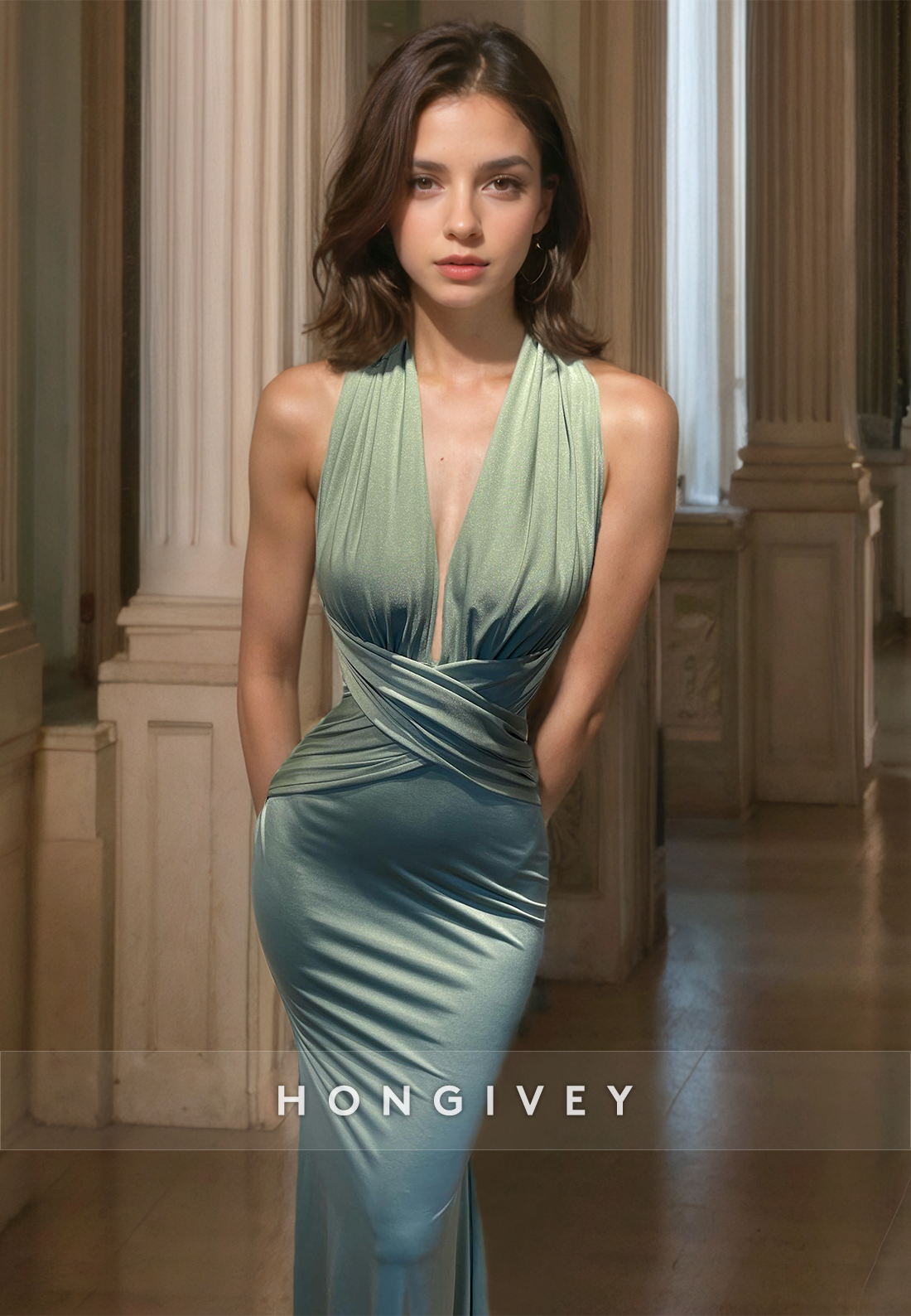 HONGIVEY Sexy Fitted Mermaid Evening Dress Women V-Neck Sleeveless Party Gown