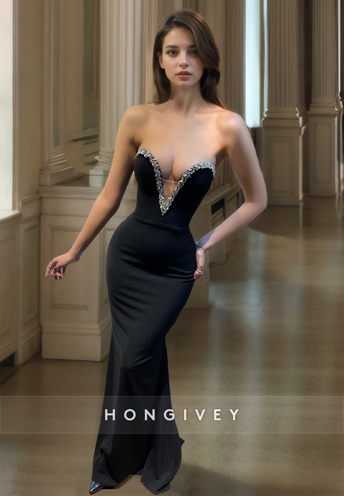 HONGIVEY Black Mermaid Formal Evening Dress Beaded Sweetheart Strapless Prom Gown