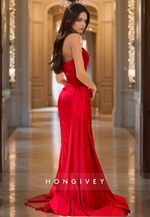 HONGIVEY Red Sweetheart Slit Mermaid/Trumpet Evening Dress with Train Satin Prom Gown