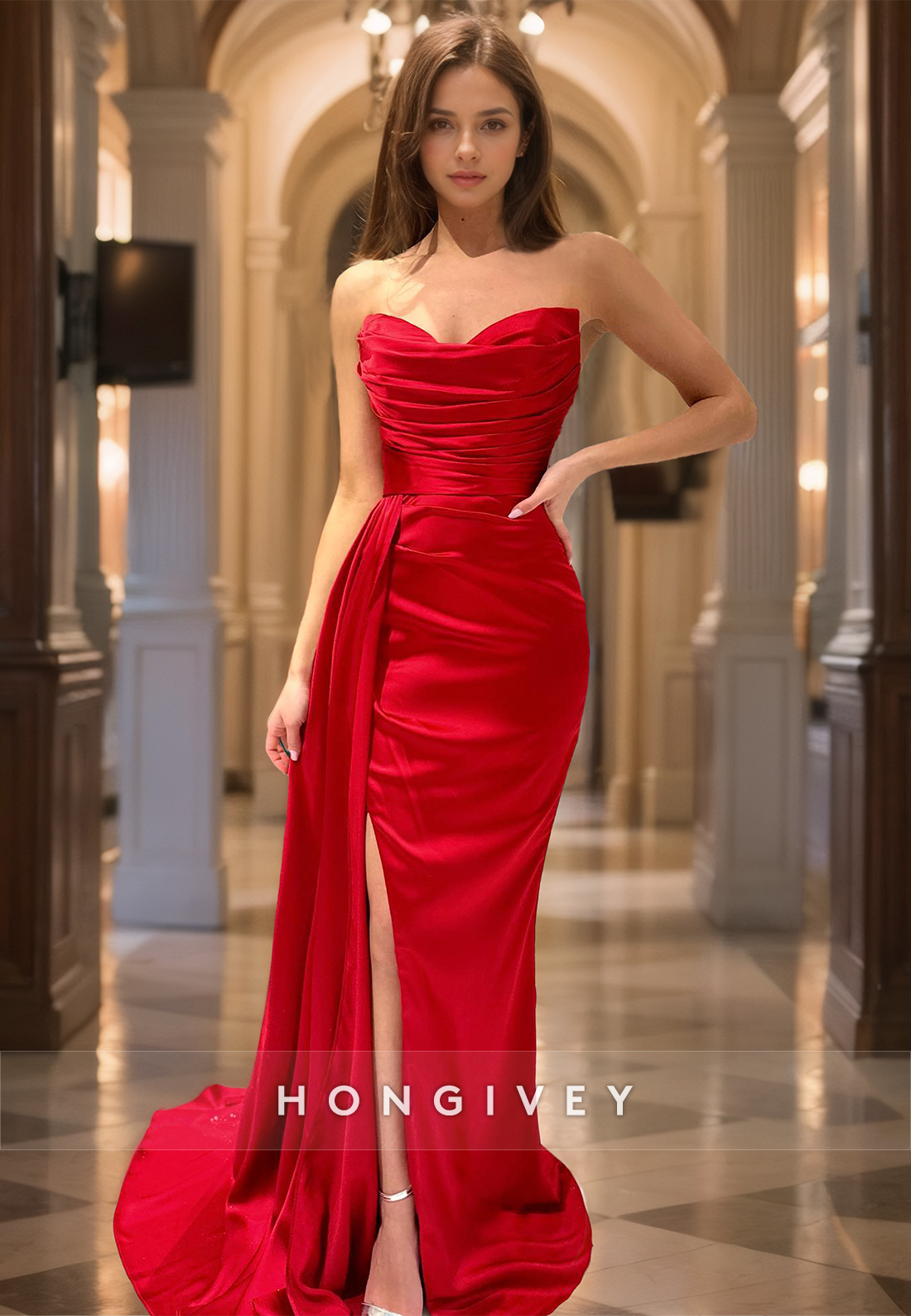 HONGIVEY Red Sweetheart Slit Mermaid/Trumpet Evening Dress with Train Satin Prom Gown