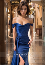 HONGIVEY Elegant Off-Shoulder Evening Dress with Train Royal Blue Mermaid Formal Wear