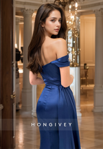 HONGIVEY Elegant Off-Shoulder Evening Dress with Train Royal Blue Mermaid Formal Wear