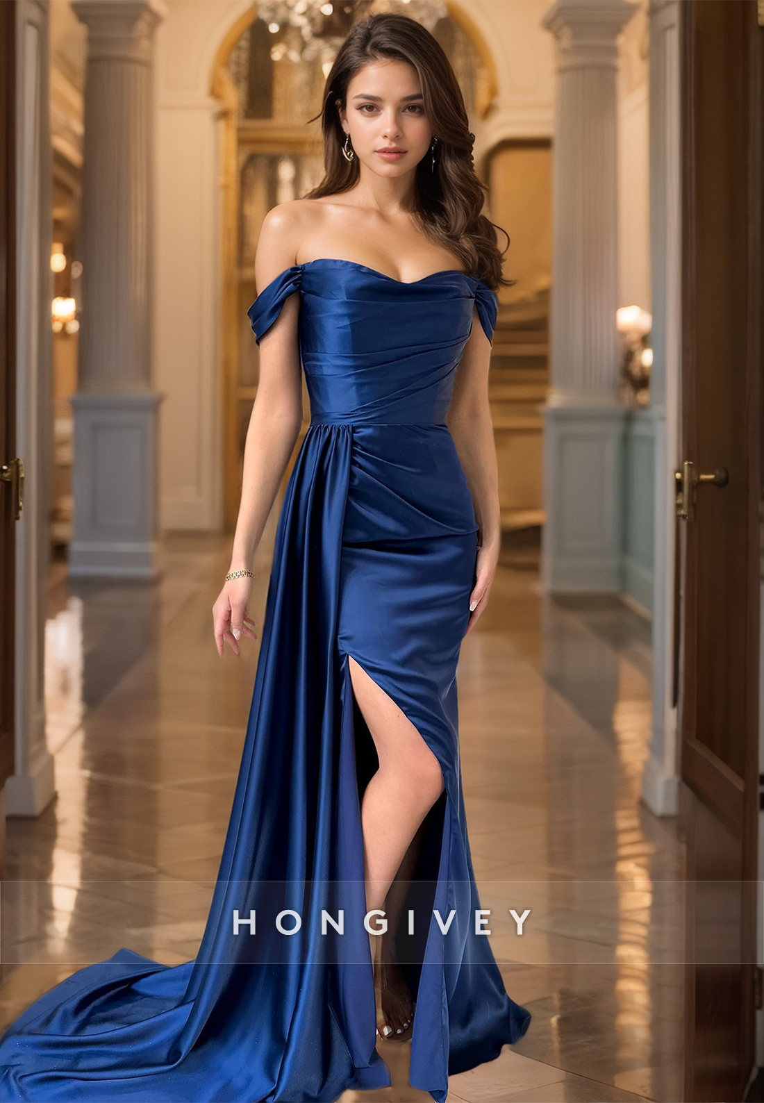 HONGIVEY Elegant Off-Shoulder Evening Dress with Train Royal Blue Mermaid Formal Wear