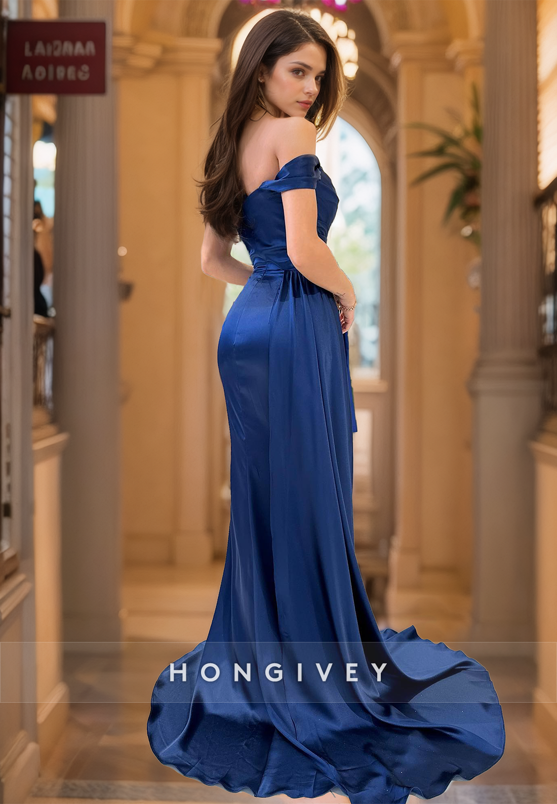 HONGIVEY Elegant Off-Shoulder Evening Dress with Train Royal Blue Mermaid Formal Wear