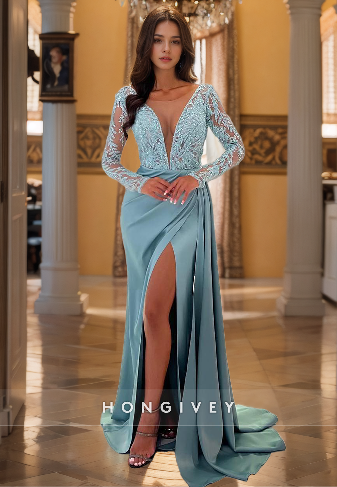 HONGIVEY New Lace Long Sleeves Formal Evening Dress Elegant V-Neck Party Prom Gown Women