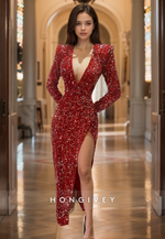 HONGIVEY Stunning Red V-Neck Evening Dress Long Sleeves Sexy Women Prom Gown